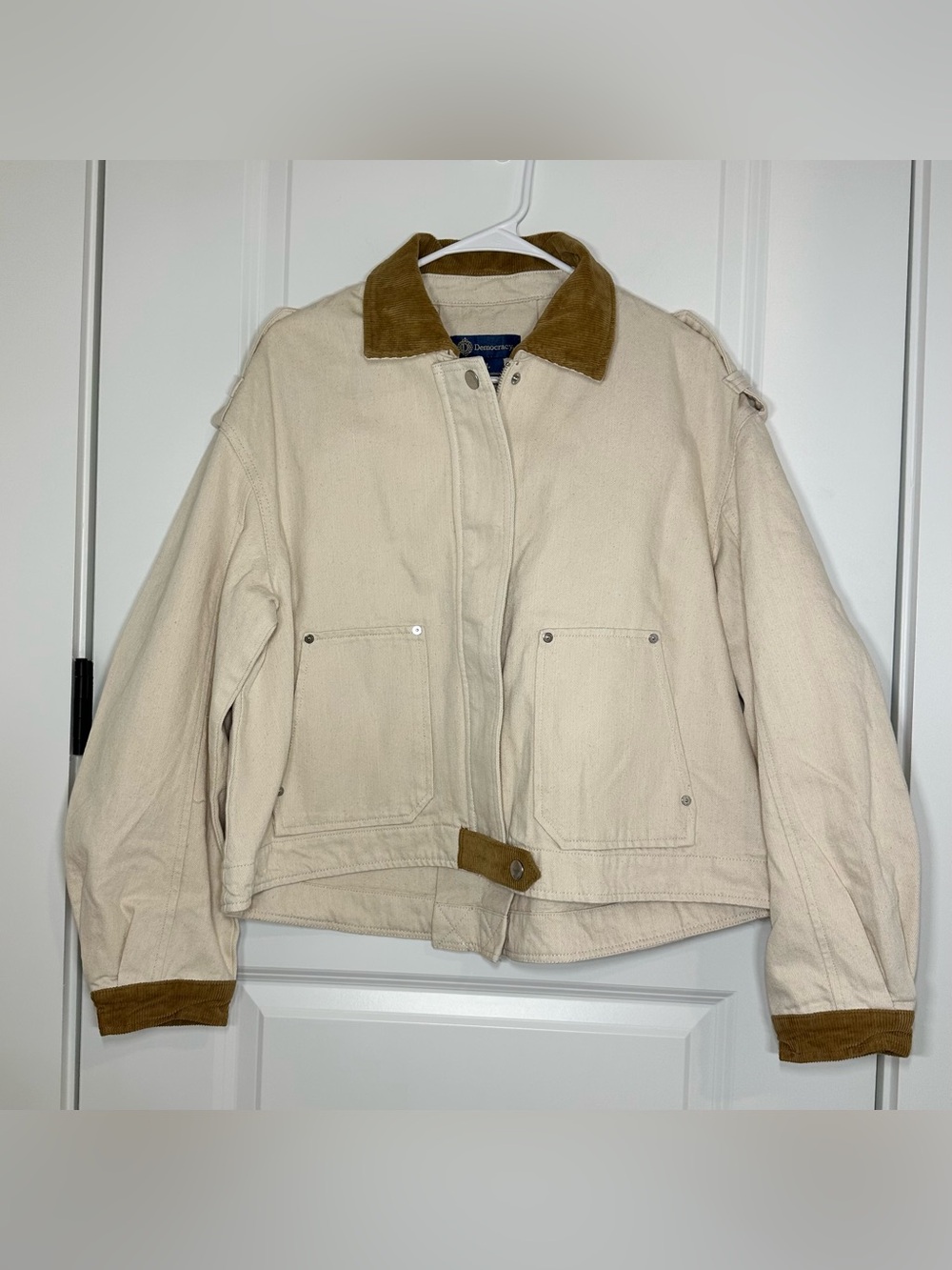 Democracy Cream Canvas Utility Jacket with Brown Corduroy Trim